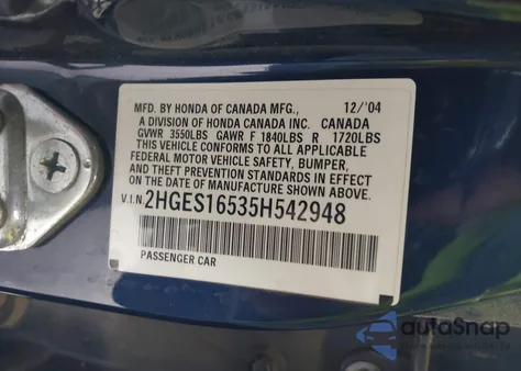 2005 Honda Civic Lx from USA, damaged, VIN 2HGES16535H542948